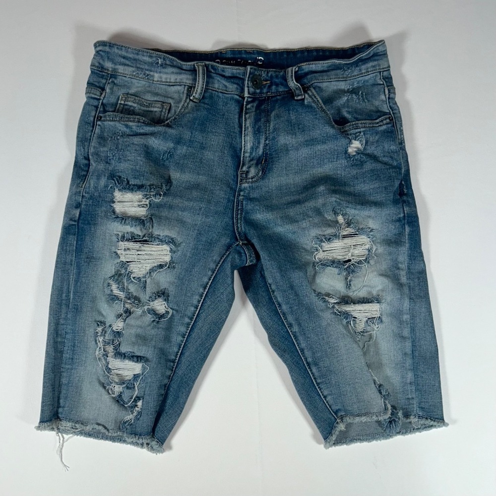 CRYSP Denim Shorts Mens 32 Blue Distressed Stretch Raw Hem 13 Inseam